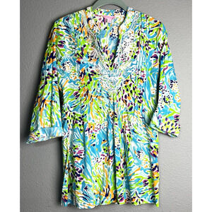 LILLY PULITZER Sarasota Sea Soire Beaded Tunic Blouse Sz XS Abstract Art Coastal